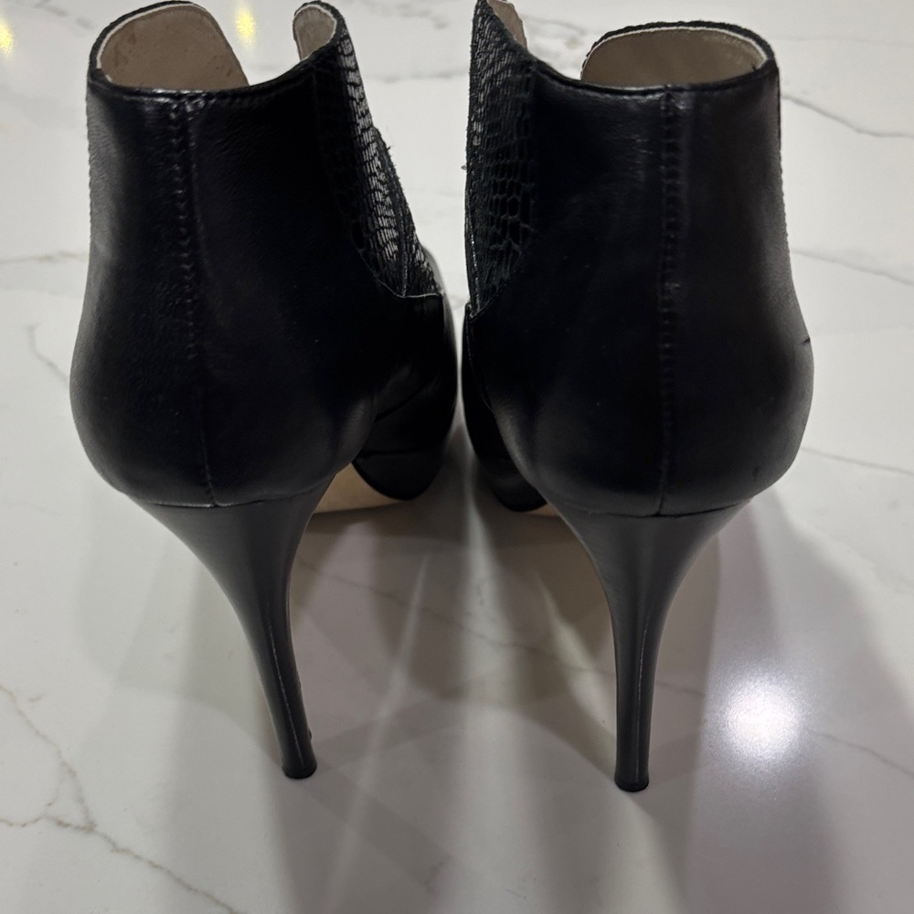 Black Peep-Toe Platform High Heel Booties with Buckle - Picture 6 of 14